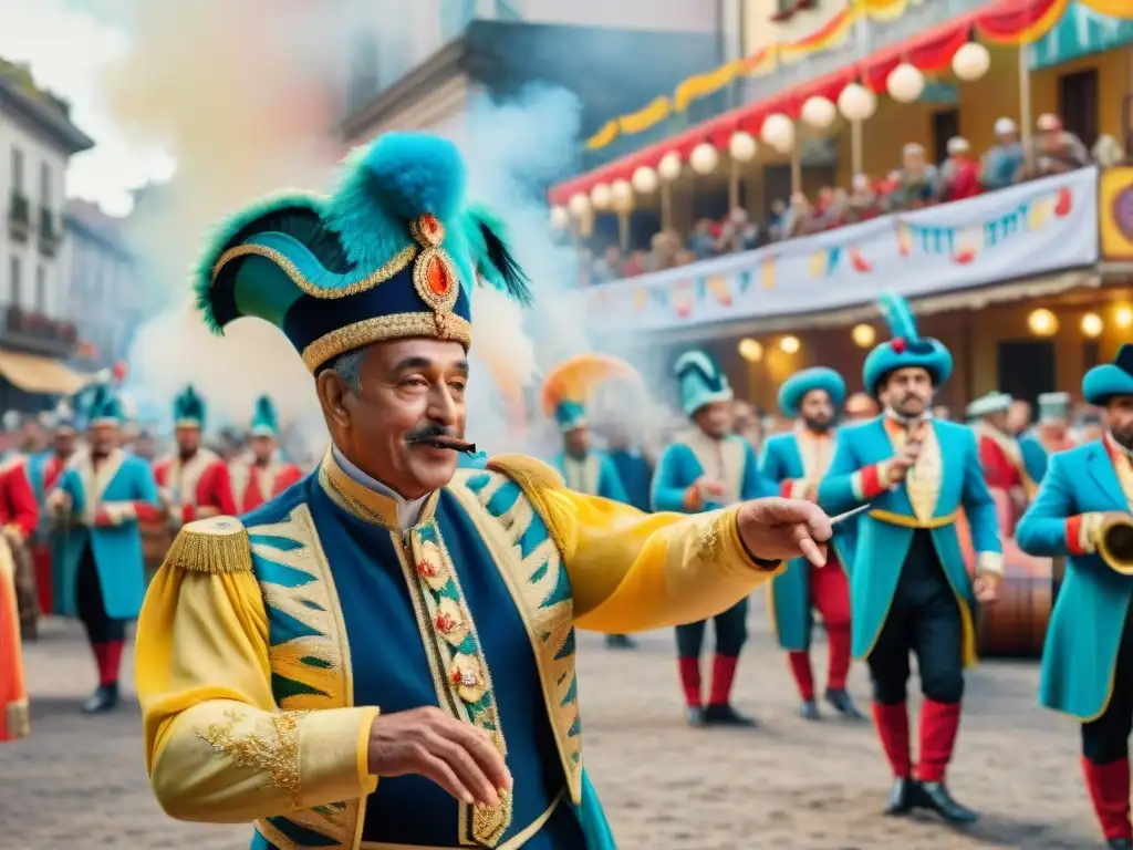 Grupo de parodistas veteranos del Carnaval Uruguayo en vibrantes trajes, ensayando con entusiasmo