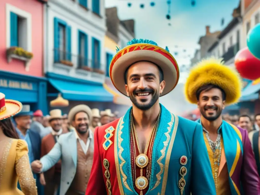 Grupo de parodistas en vibrantes trajes y sombreros, en preparación para actuación en Carnaval Uruguayo