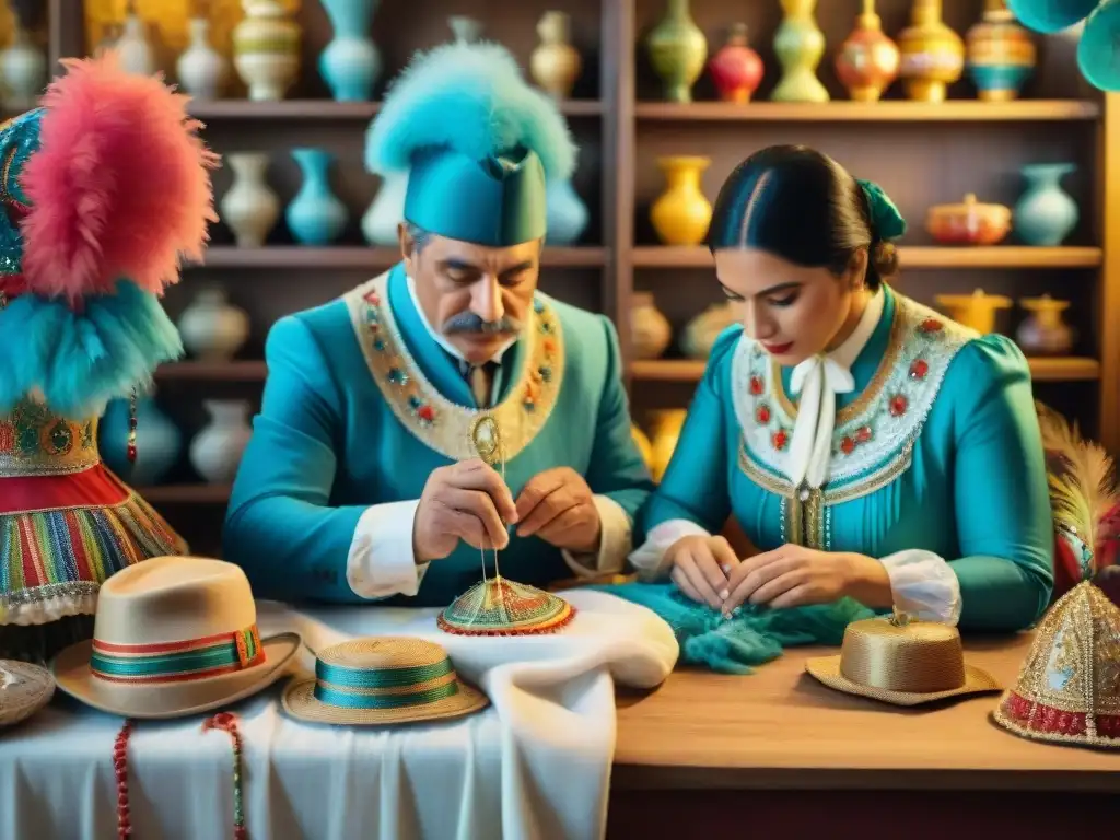 Un grupo de personas dedicadas conservando trajes del Carnaval Uruguayo, cosiendo y decorando con pasión y destreza