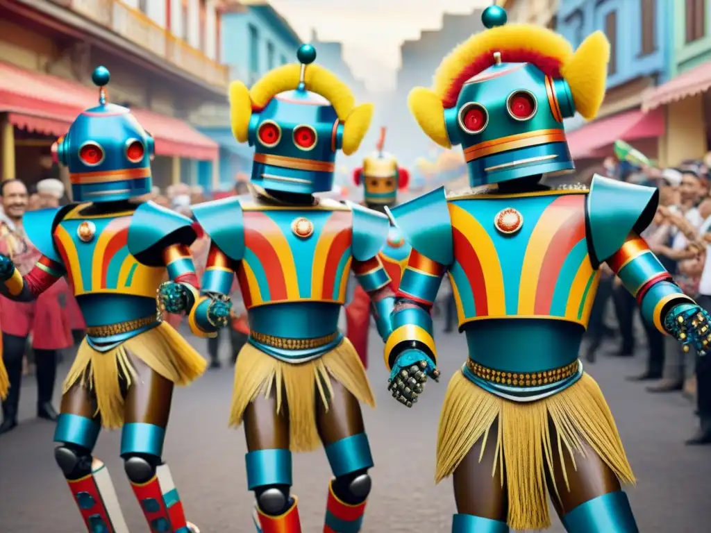 Un grupo de robots coloridos aprendiendo a bailar candombe en un carnaval vibrante