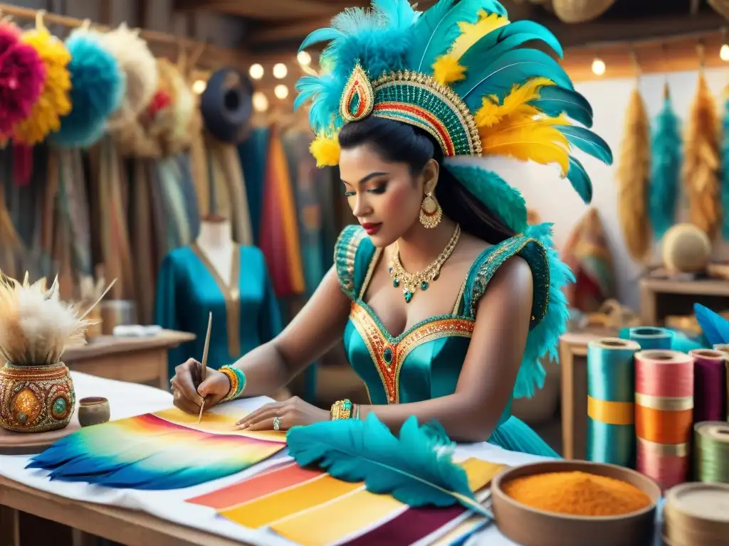 Un grupo de talentosos artesanos uruguayos en pleno proceso creativo de un traje de Carnaval