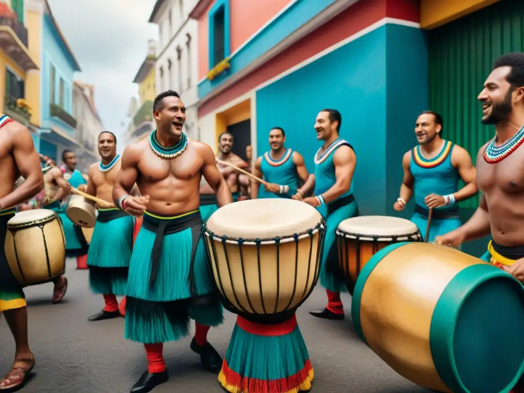 Grupo de tamborileros expertos tocando candombe en desfile callejero vibrante