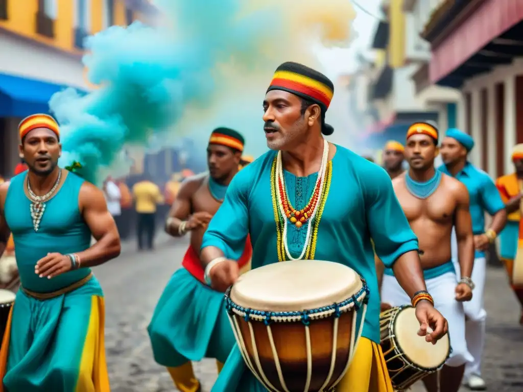 Grupo de tamborileros expertos tocando con pasión en desfile callejero vibrante de Candombe