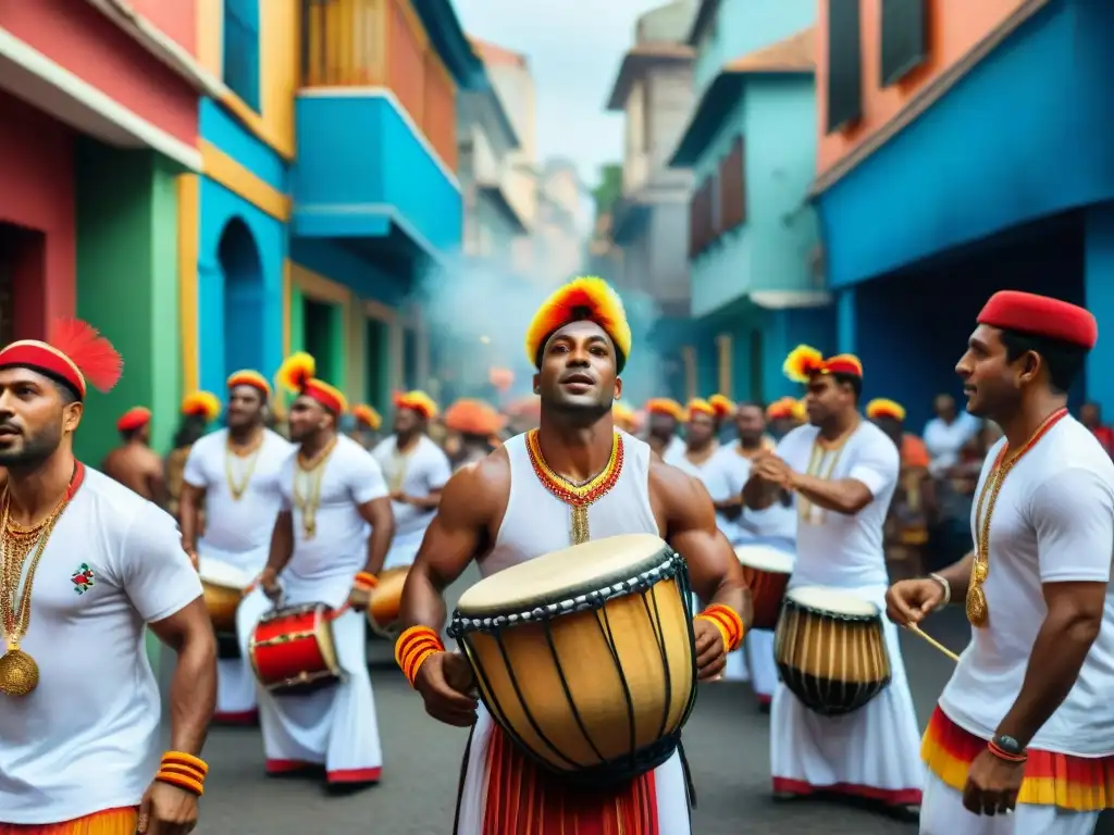 Grupo de tamborileros en vibrante desfile de Candombe