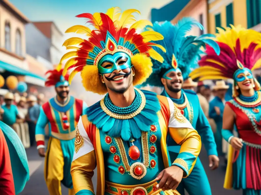 Grupo en trajes de Carnaval Uruguayo coloridos y elaborados, bailando alegremente en desfile festivo