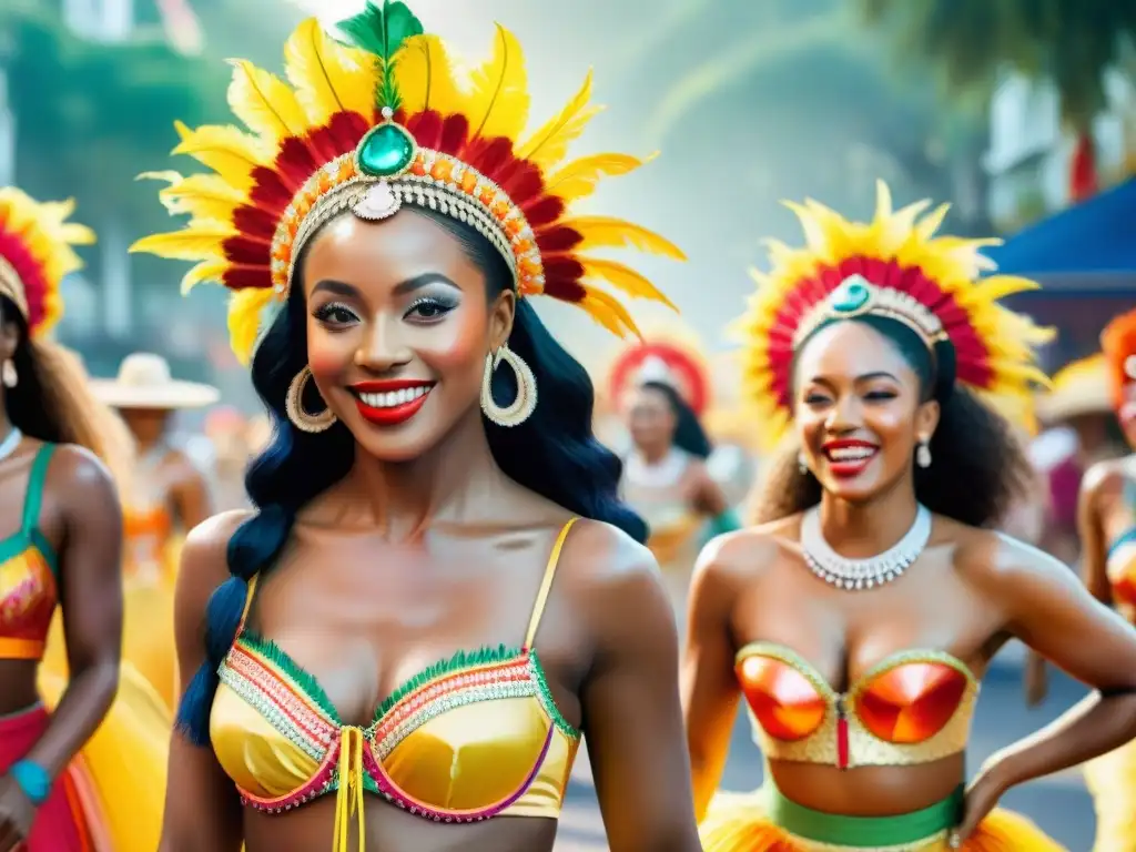 Grupo variado de artistas en un desfile de Carnaval bajo el sol, resplandecientes y protegidos, destacando los cuidados dermatológicos para artistas