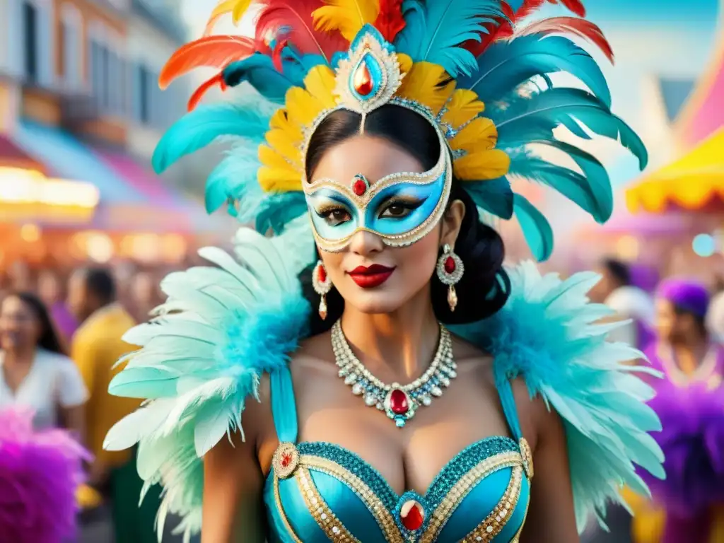 Grupo de vedettes elegantemente vestidas en trajes de carnaval de Uruguay, con plumas y lentejuelas, bailando en desfile colorido