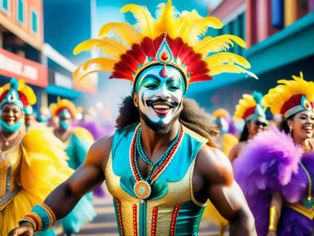 Grupo vibrante de artistas de carnaval bailando en desfile colorido, transmitiendo alegría y vitalidad