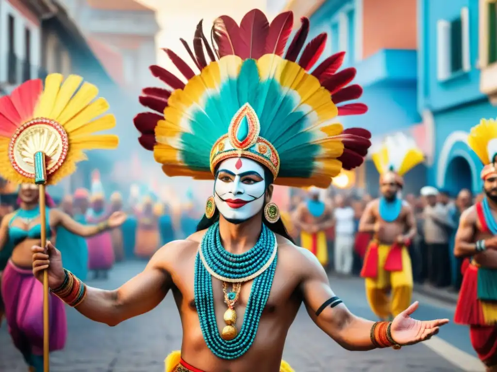 Grupo vibrante de artistas de murga en Carnaval Uruguayo