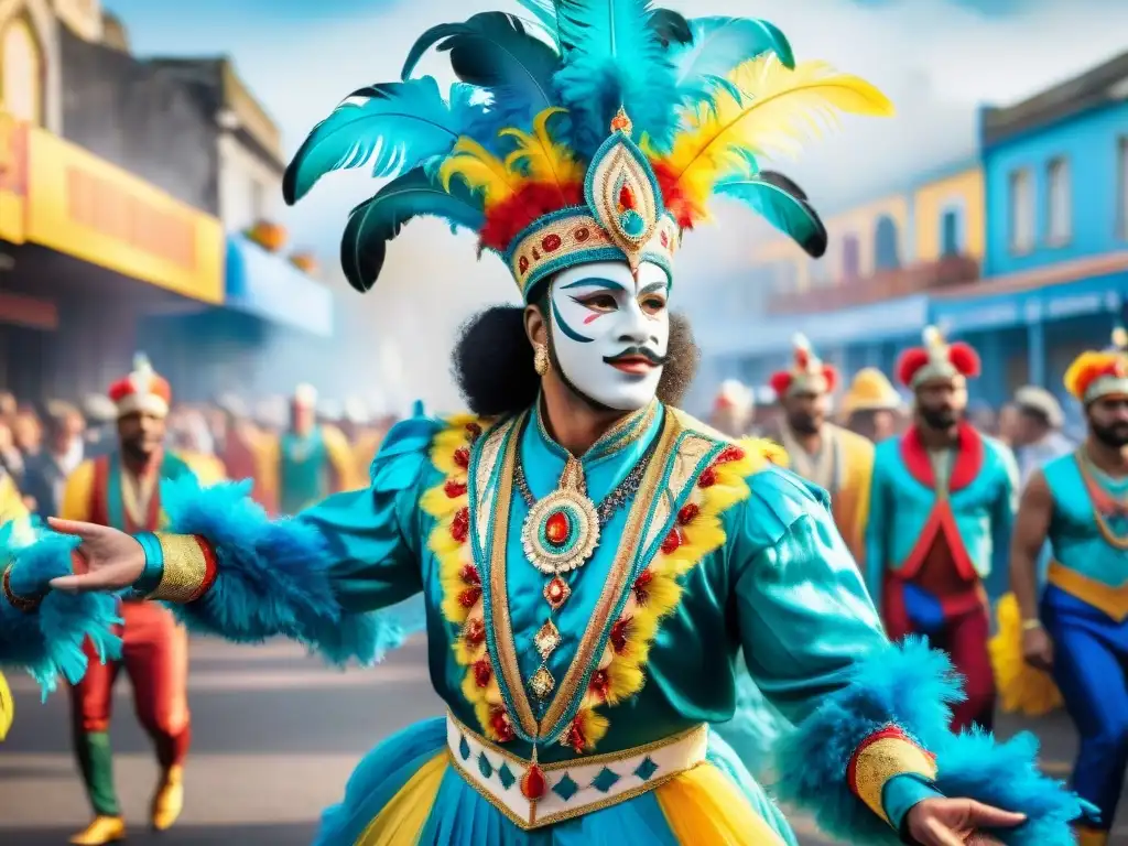 Grupo de vibrantes bailarines de carnaval en Uruguay con arte minucioso en sus trajes y plumas coloridas, desfilando ante espectadores asombrados