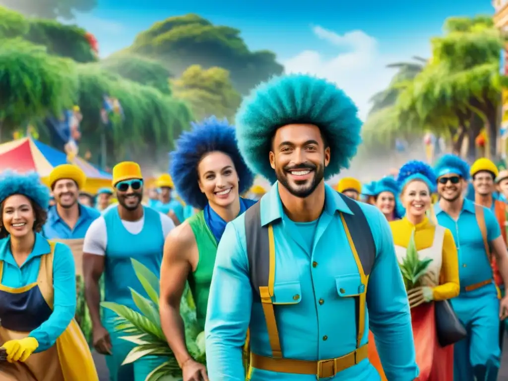 Un grupo de voluntarios ecológicos participando alegres en el Carnaval Uruguayo, con trajes coloridos de materiales reciclados