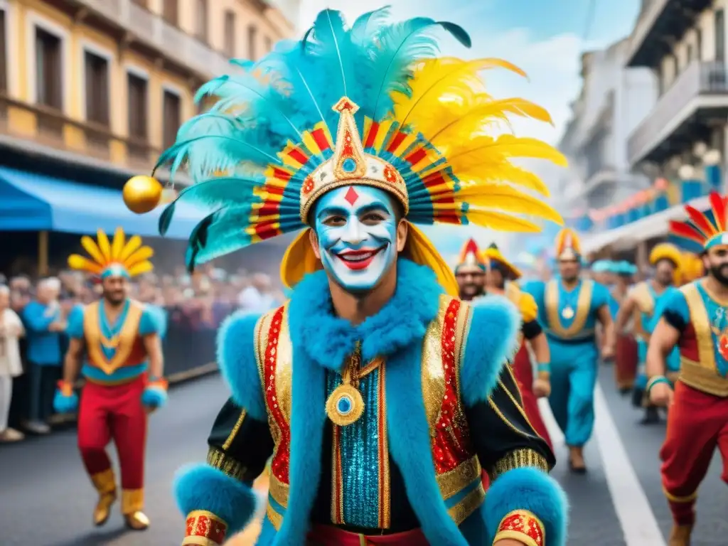 Grupos de Carnaval Uruguayo reconocidos internacionalmente desfilan con alegría y colorido en vibrante pintura acuarela