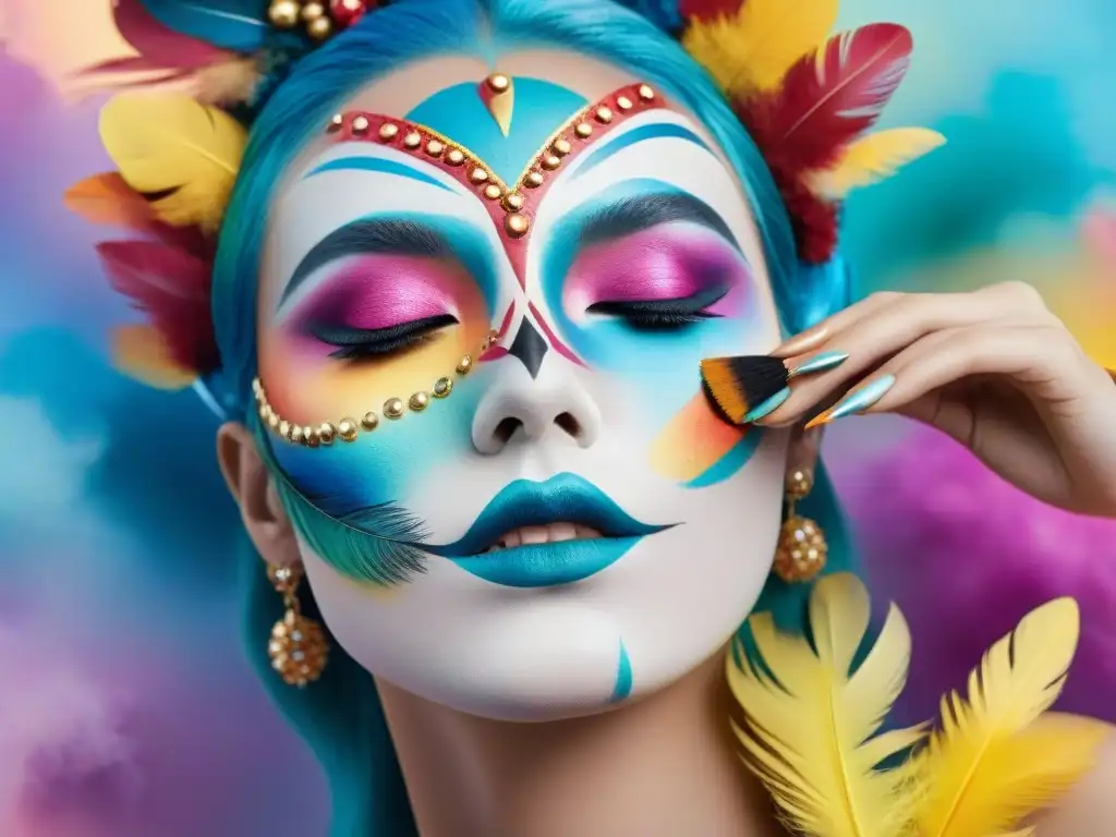 Las hábiles manos de un maquillador destacado aplican pintura facial carnavalesca en un modelo, con detalles coloridos