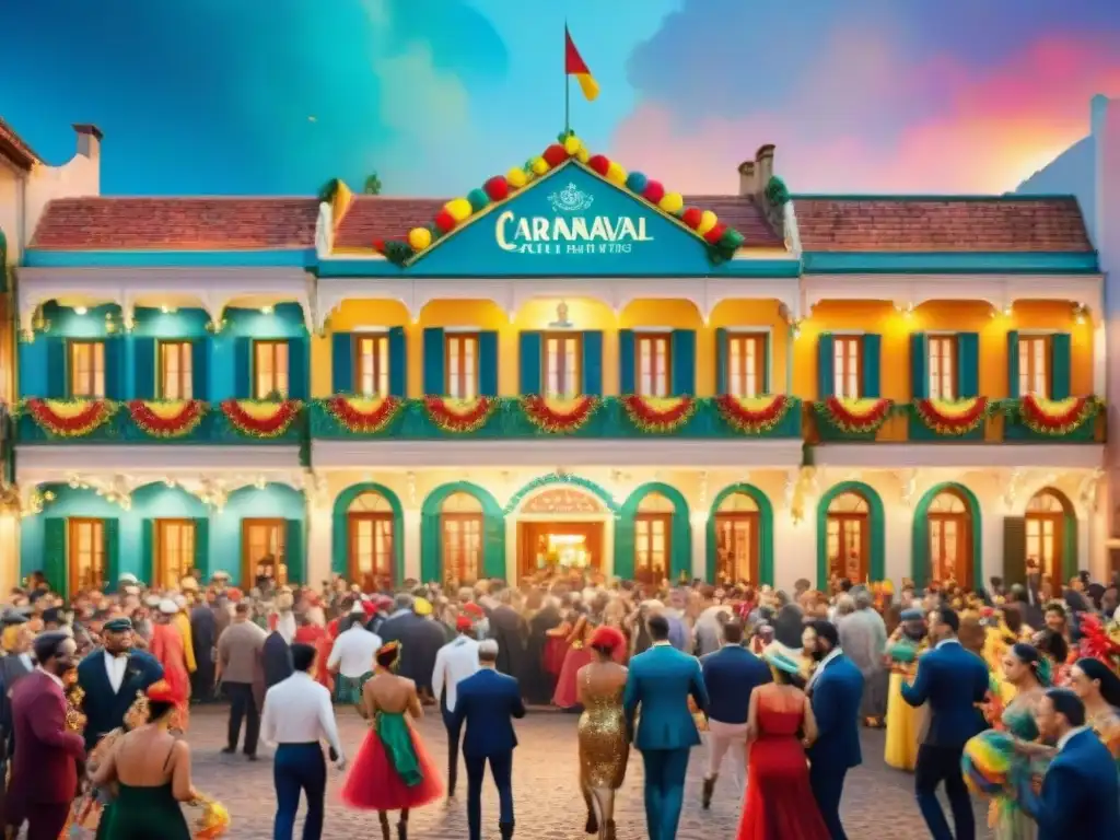 Un hotel con encanto en Carnaval: detallada ilustración acuarela de un hotel histórico en medio de la festividad colorida