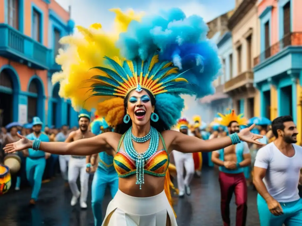 Hoteles para Carnaval Uruguayo: un animado desfile de Carnaval en Uruguay con coloridos trajes, música y alegría en las calles