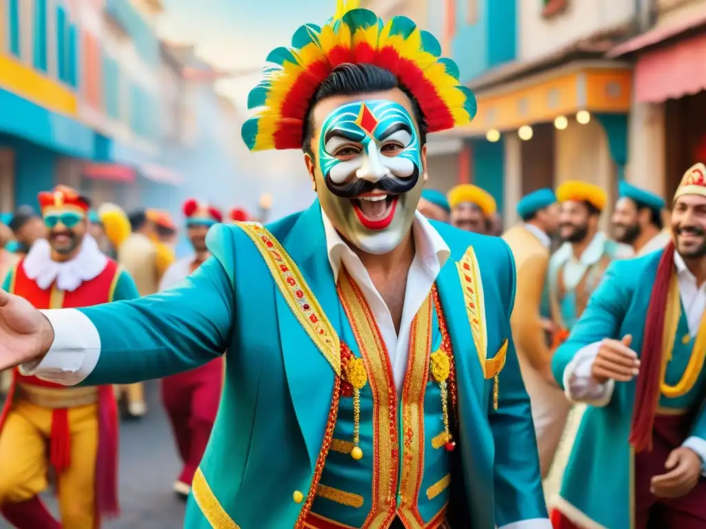 Humoristas uruguayos en Carnaval: coloridos trajes, risas y alegría en las calles festivas