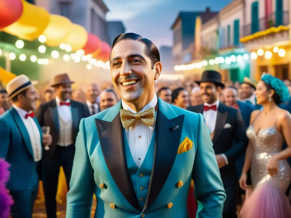 Carlos Gardel, el icónico cantante de tango, influyendo en el Carnaval Uruguayo con su pasión y elegancia en el escenario vibrante