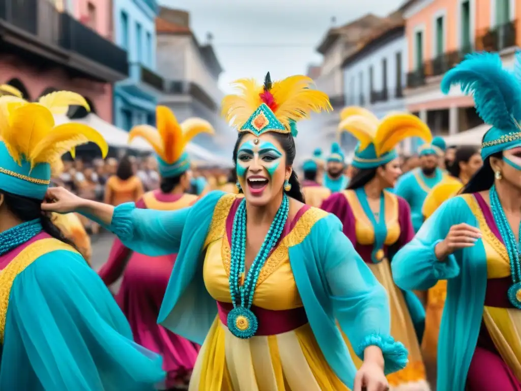 Una ilustración detallada en acuarela del bullicioso Carnaval Uruguayo, resaltando su impacto social y cultural