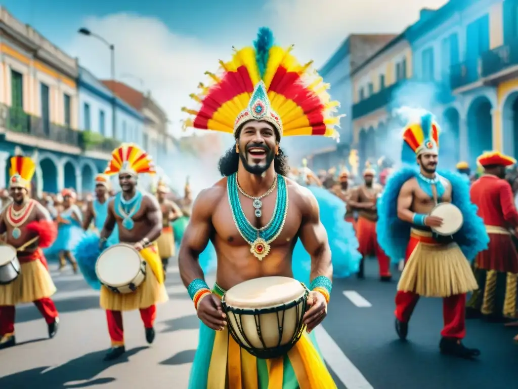 Una ilustración detallada en acuarela del vibrante desfile de Carnaval en Uruguay, con músicos tocando Instrumentos típicos Carnaval Uruguayo