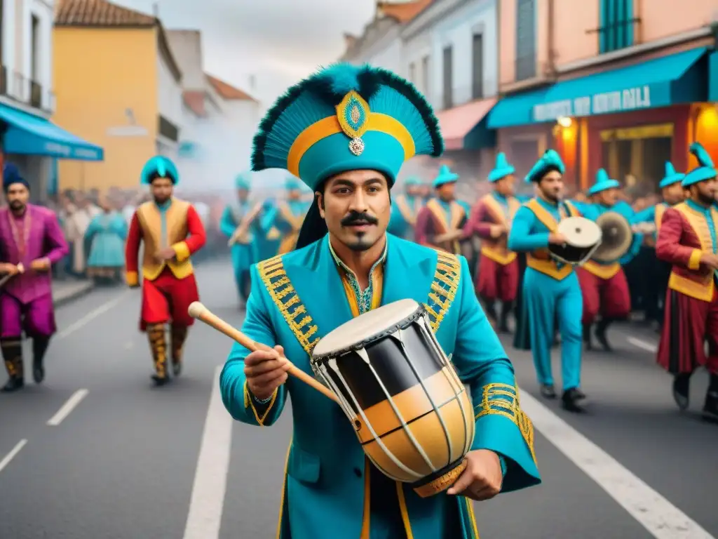 Una ilustración detallada en acuarela de un vibrante desfile de Carnaval en Uruguay con instrumentos típicos