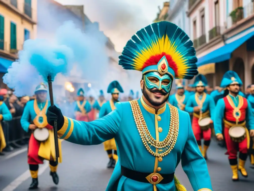 Una ilustración detallada en acuarela del vibrante desfile del Carnaval Uruguayo