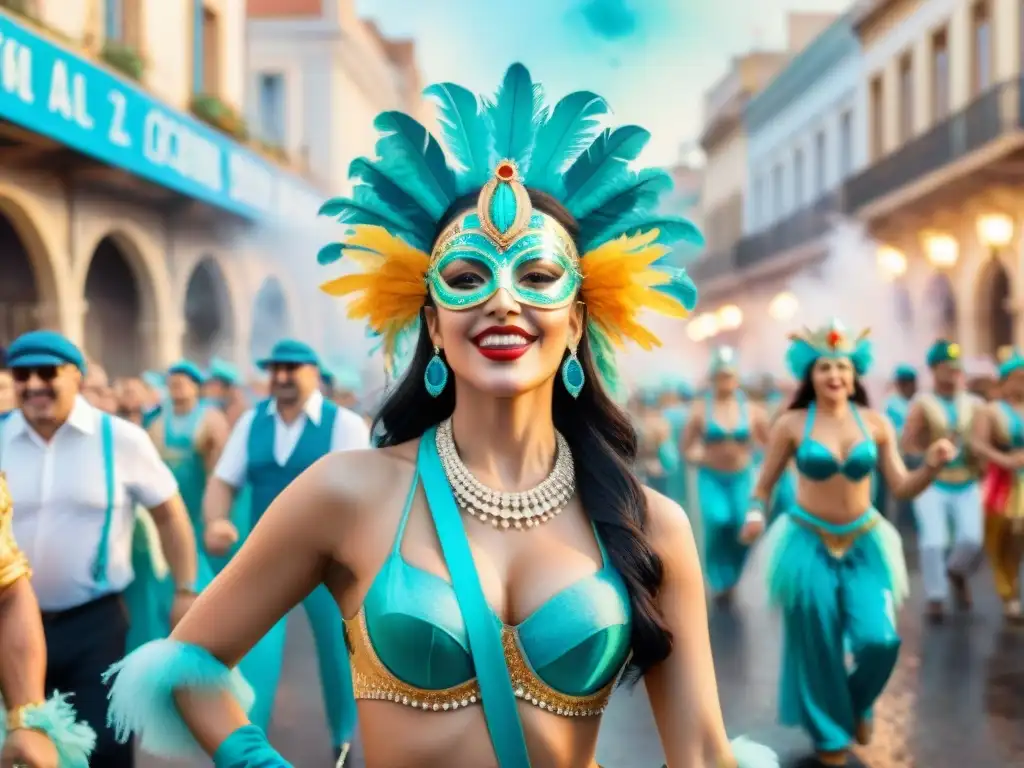 Una ilustración detallada en acuarela del vibrante Carnaval Uruguayo, con bailarines coloridos y música alegre, evocando la atmósfera festiva