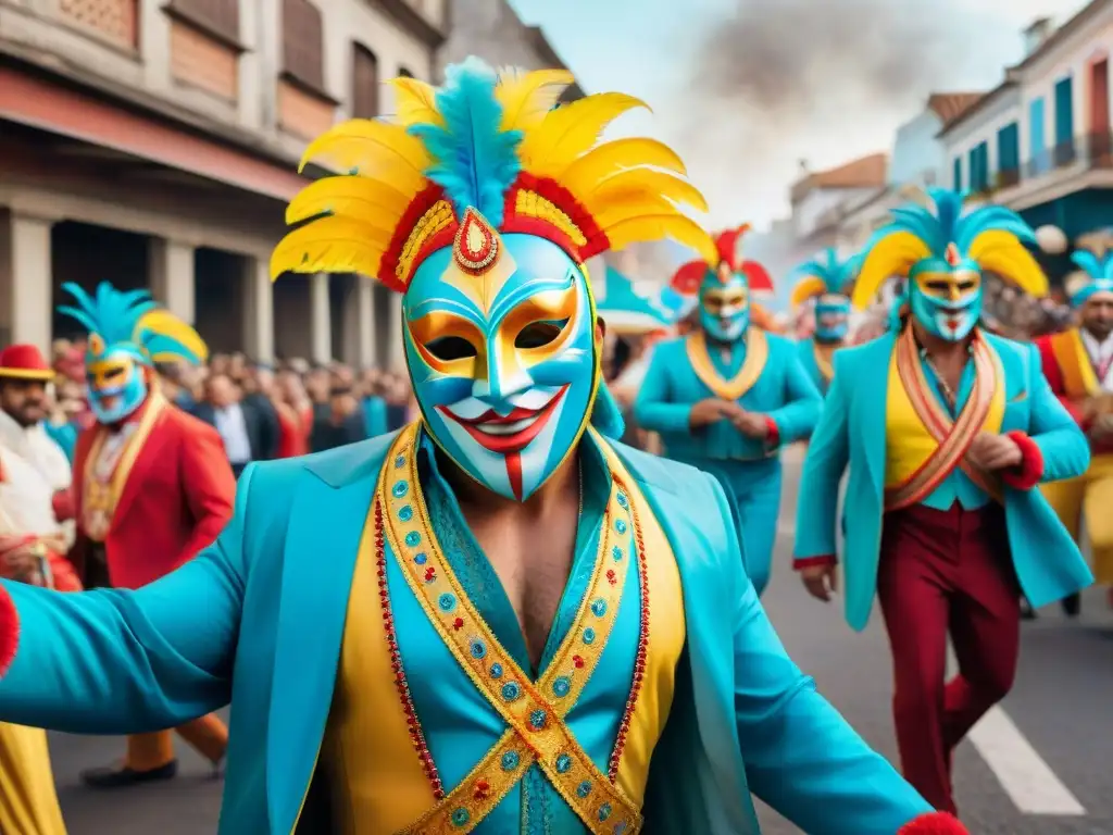 Una ilustración detallada de acuarela que muestra la vibrante celebración del Carnaval Uruguayo