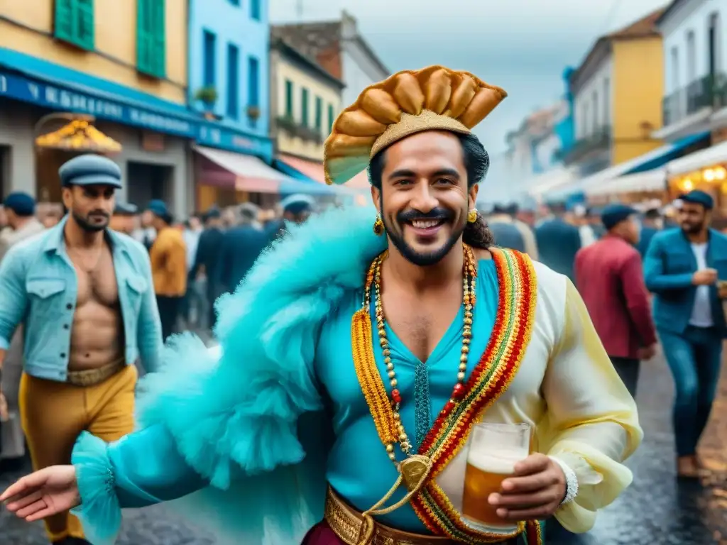 Una ilustración detallada en acuarela capturando las vibrantes calles de Uruguay durante la temporada de Carnaval