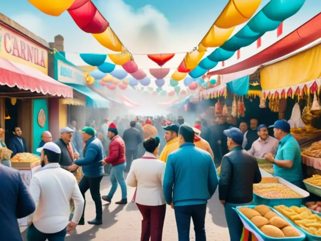 Una ilustración acuarela detallada del bullicioso Carnaval uruguayo, con vendedores de chivitos, empanadas y tortas fritas