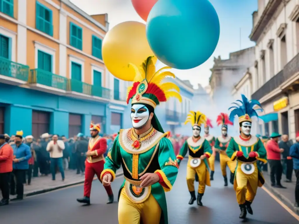 Una ilustración detallada muestra la vibrante calle de Montevideo durante el Carnaval, con desfiles y danzas