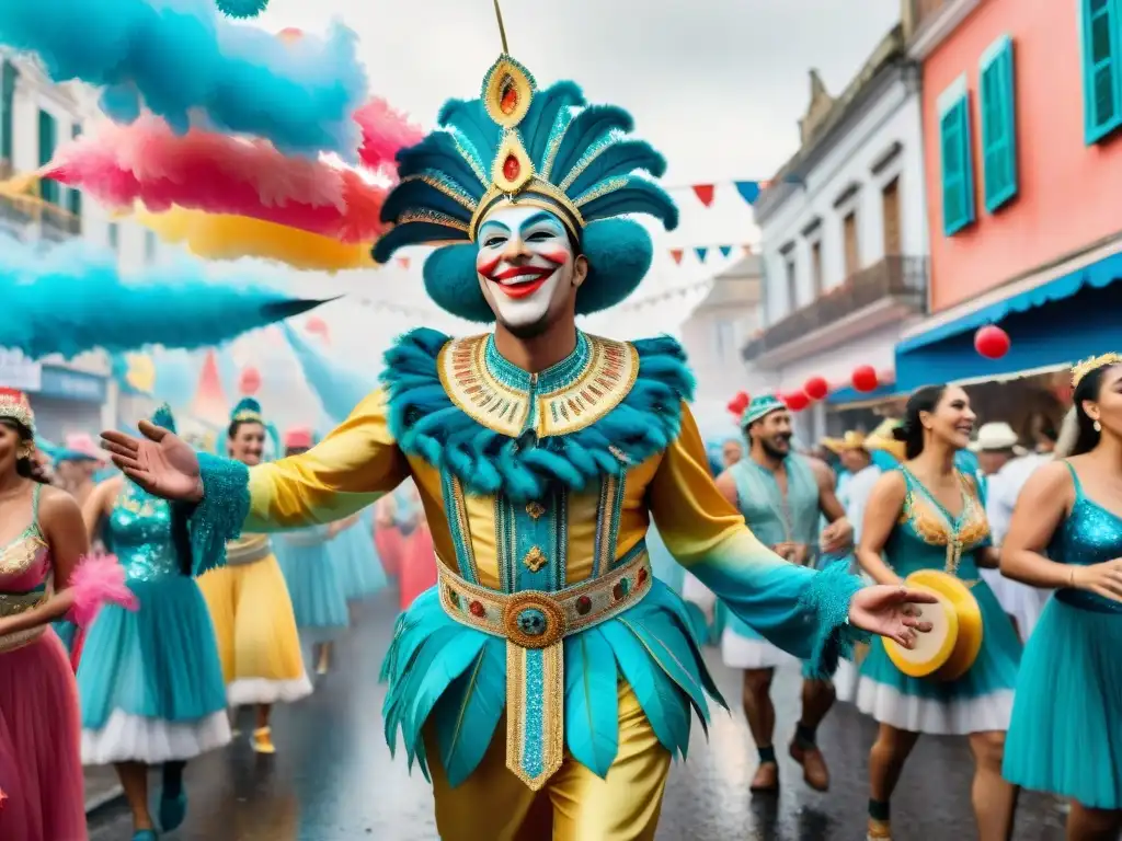 Una ilustración detallada de un vibrante Carnaval en Uruguay, con disfraces coloridos y música tradicional