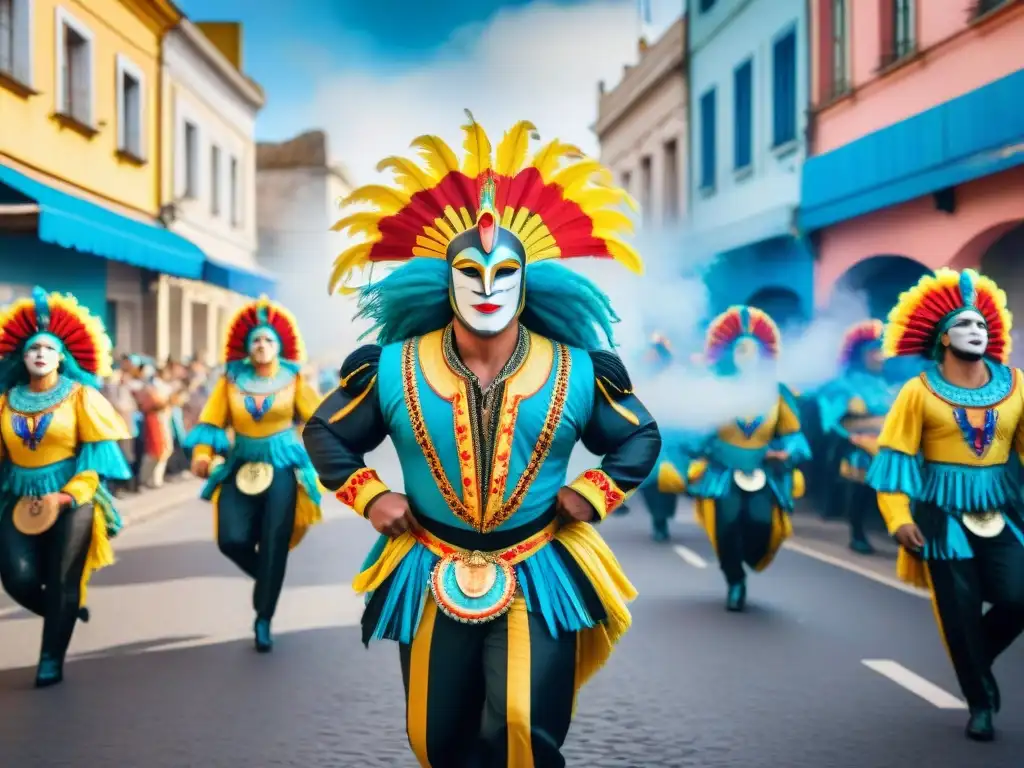 Una ilustración acuarela detallada del vibrante Carnaval en Uruguay, con bailarines, músicos y espectadores