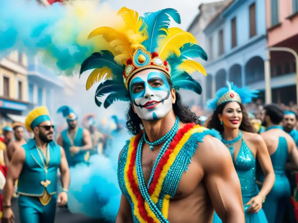 Una ilustración detallada con un vibrante desfile de Carnaval en Uruguay, mostrando innovadoras revistas de Carnaval