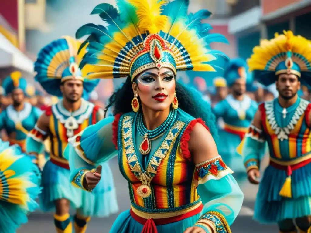 Una ilustración acuarela detallada del vibrante desfile en el Carnaval Uruguayo, con bailarines y multitud animada