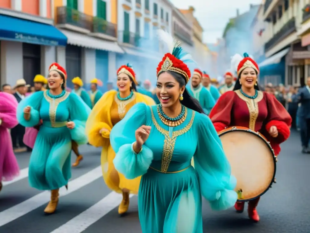 Una ilustración digital del vibrante Carnaval Uruguayo, con coloridos trajes y alegres danzas