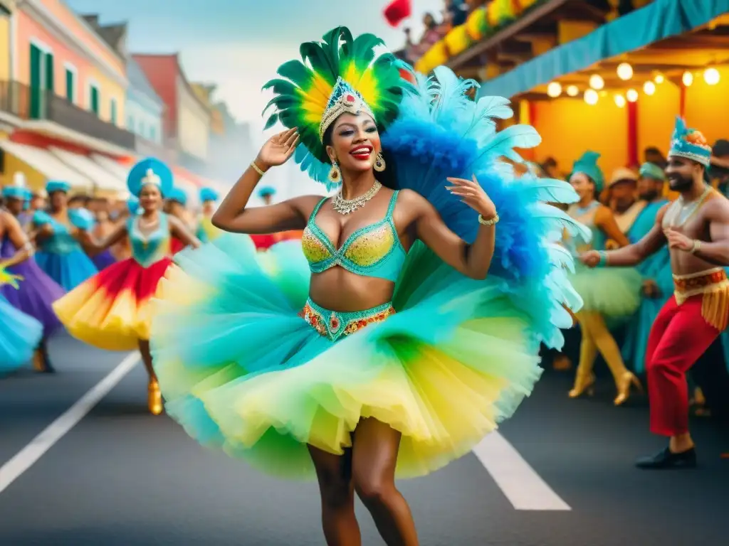 Una ilustración acuarela detalla Técnicas avanzadas de danza en Carnaval con bailarines vibrantes y coloridos desfiles