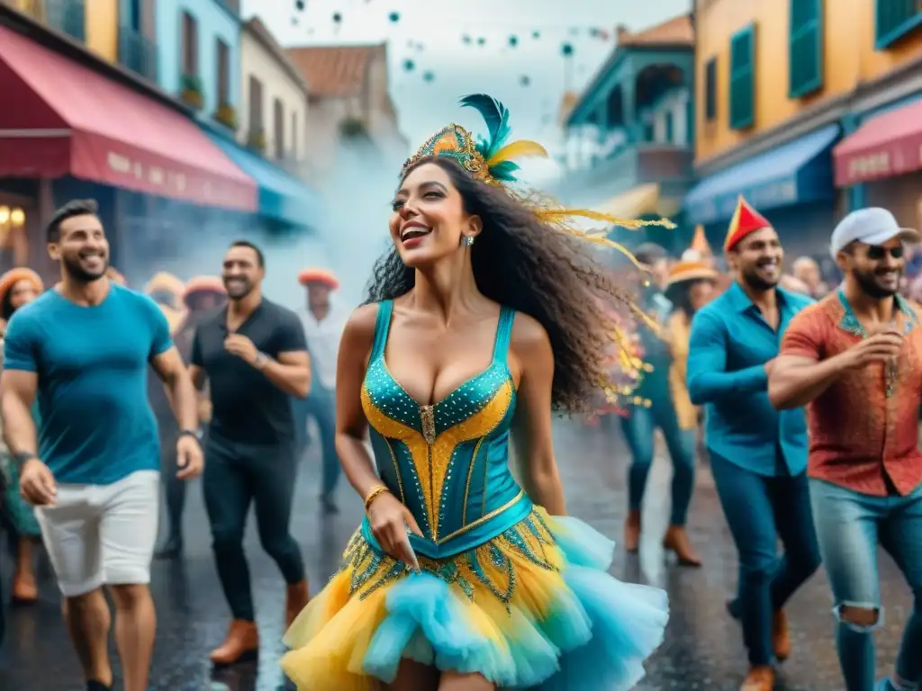 Imagen del vibrante Carnaval Uruguayo con bailarines, músicos y espectadores disfrutando, bajo una lluvia de confeti