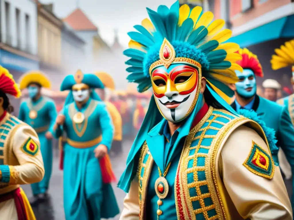 Fotografía impactante del Carnaval Uruguayo: Desfile vibrante con bailarines y máscaras coloridas, multitud animada