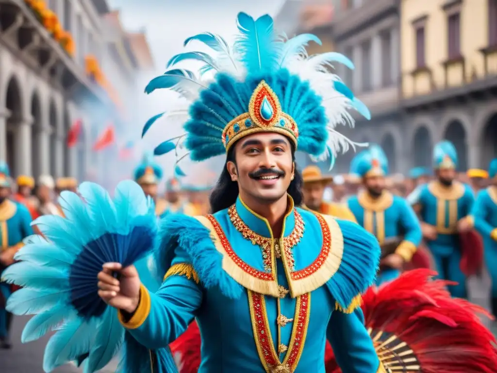 Fotografía impactante del Carnaval Uruguayo: Desfile colorido con trajes y músicos vibrantes