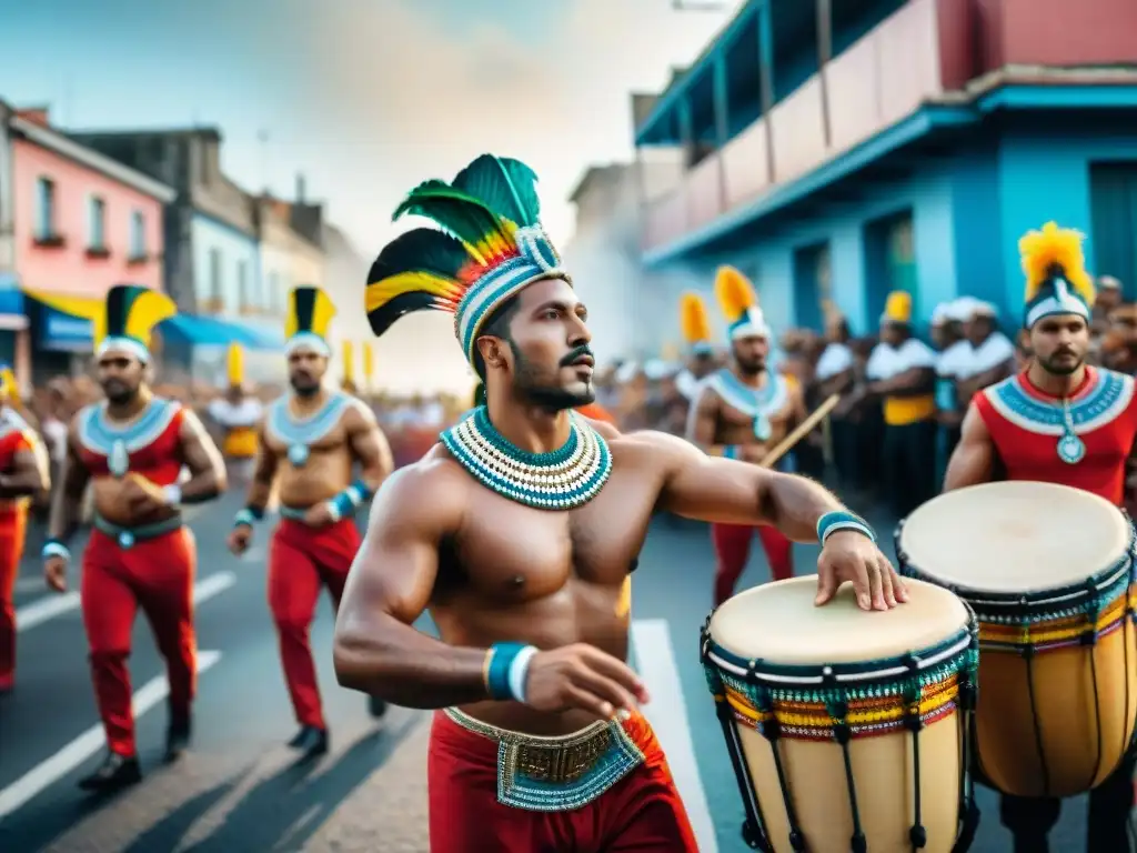 Una impactante pintura acuarela del vibrante desfile de Carnaval en Uruguay, con tambores afro-uruguayos y la historia del candombe afrouruguayo