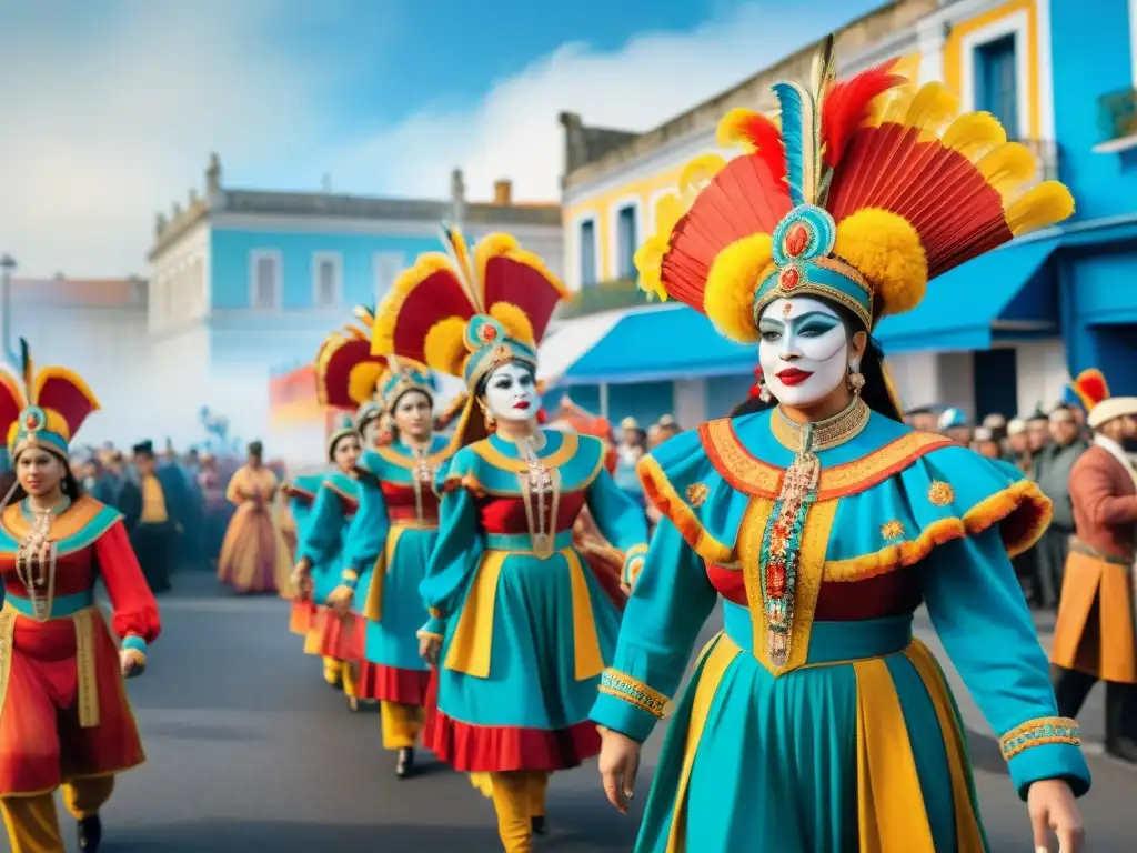 Una impactante ilustración acuarela del vibrante Carnaval Uruguayo, con coloridos trajes y edificios coloniales, capturando la energía festiva