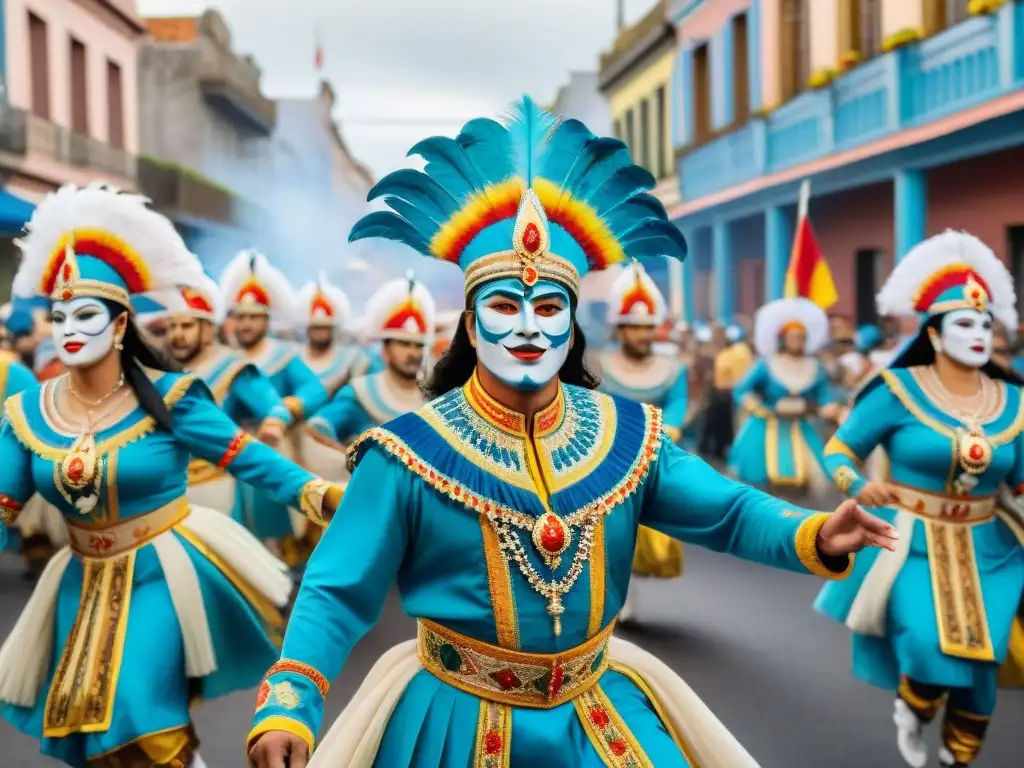 Impacto de las comparsas en la identidad del Carnaval Uruguayo: desfile vibrante con bailarines y carrozas coloridas en celebración