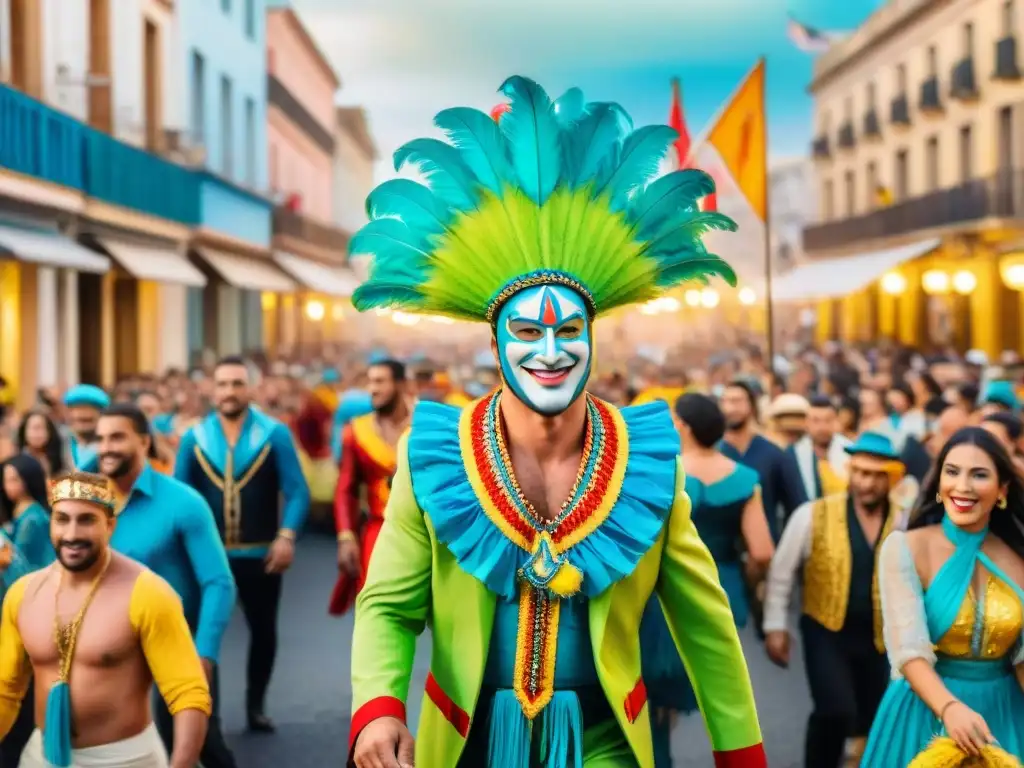 Impacto económico del Carnaval Uruguayo: una calle bulliciosa durante la festividad con coloridos trajes y música alegre