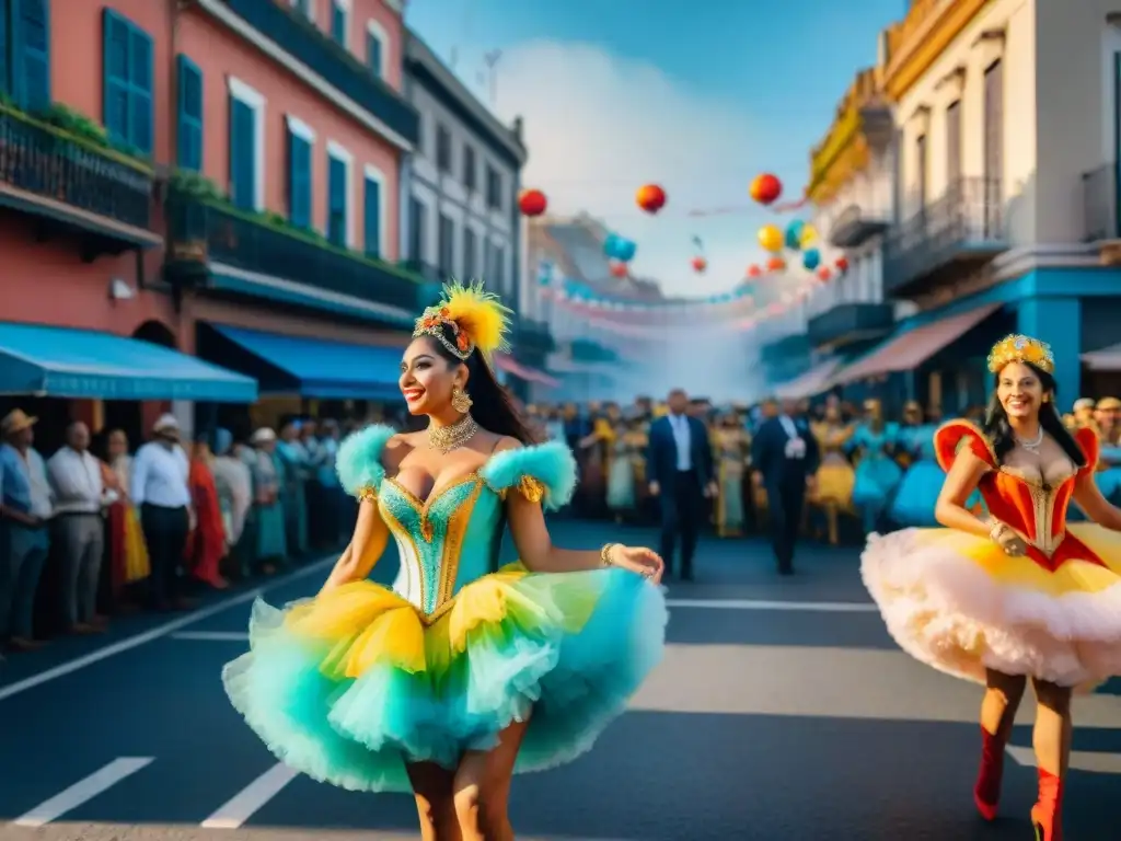 Impacto económico del Carnaval Uruguayo: Una escena vibrante muestra el desfile lleno de color y alegría en las calles