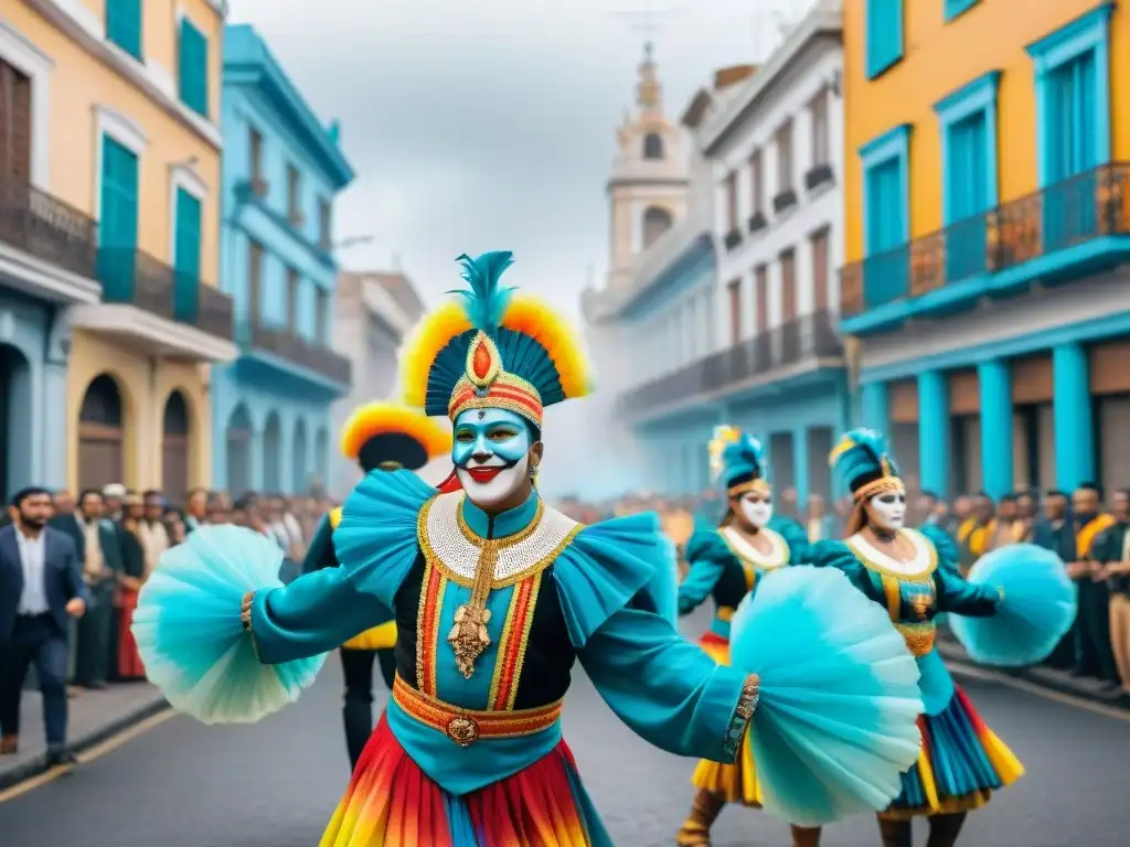 Impacto económico del Carnaval Uruguayo: colorido desfile de bailarines, tambores candombe y arquitectura colonial