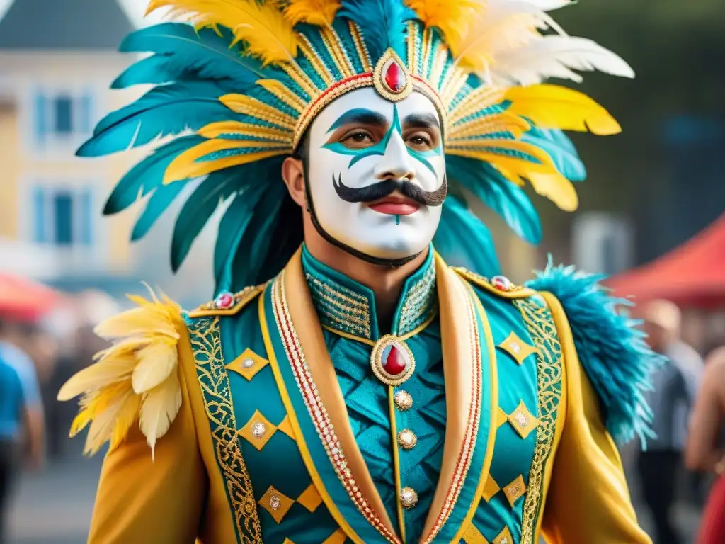 Impacto global del diseño de vestuario en el Carnaval Uruguayo: un traje vibrante y detallado con patrones intrincados y plumas