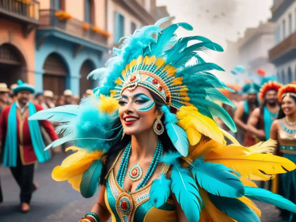 Impresionante fotografía del Carnaval Uruguayo: coloridas danzas y músicos en una bulliciosa calle