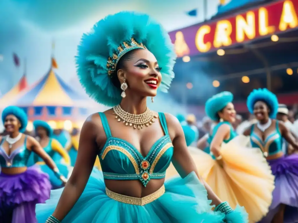 Un impresionante cuadro en acuarela de bailarines de Carnaval con trajes vibrantes y energía