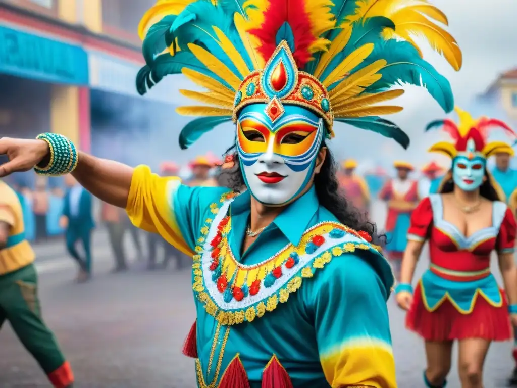 Impresionante pintura acuarela del Carnaval Uruguayo, con vibrantes trajes y danzas