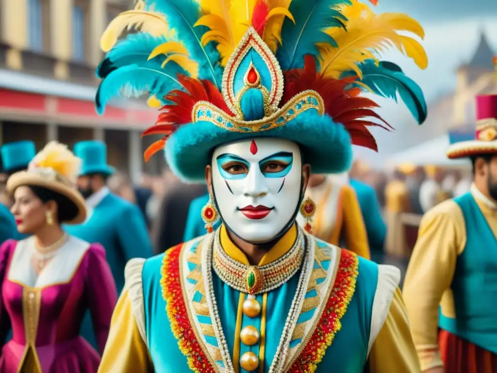 Impresionante pintura acuarela detallando trajes de Carnaval Uruguayo